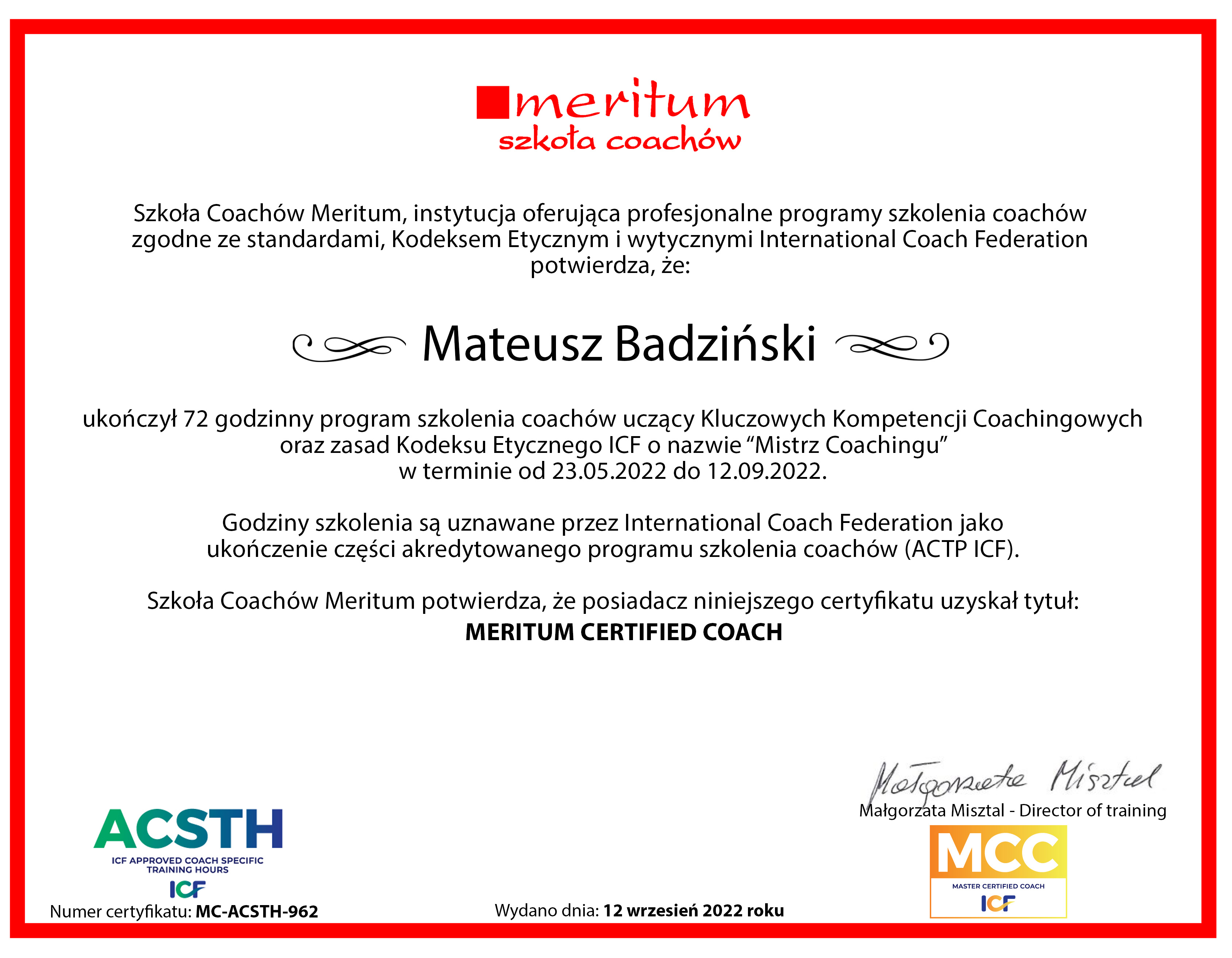 Certyfikat Meritum Certified Coach ICF — Mateusz Badziński